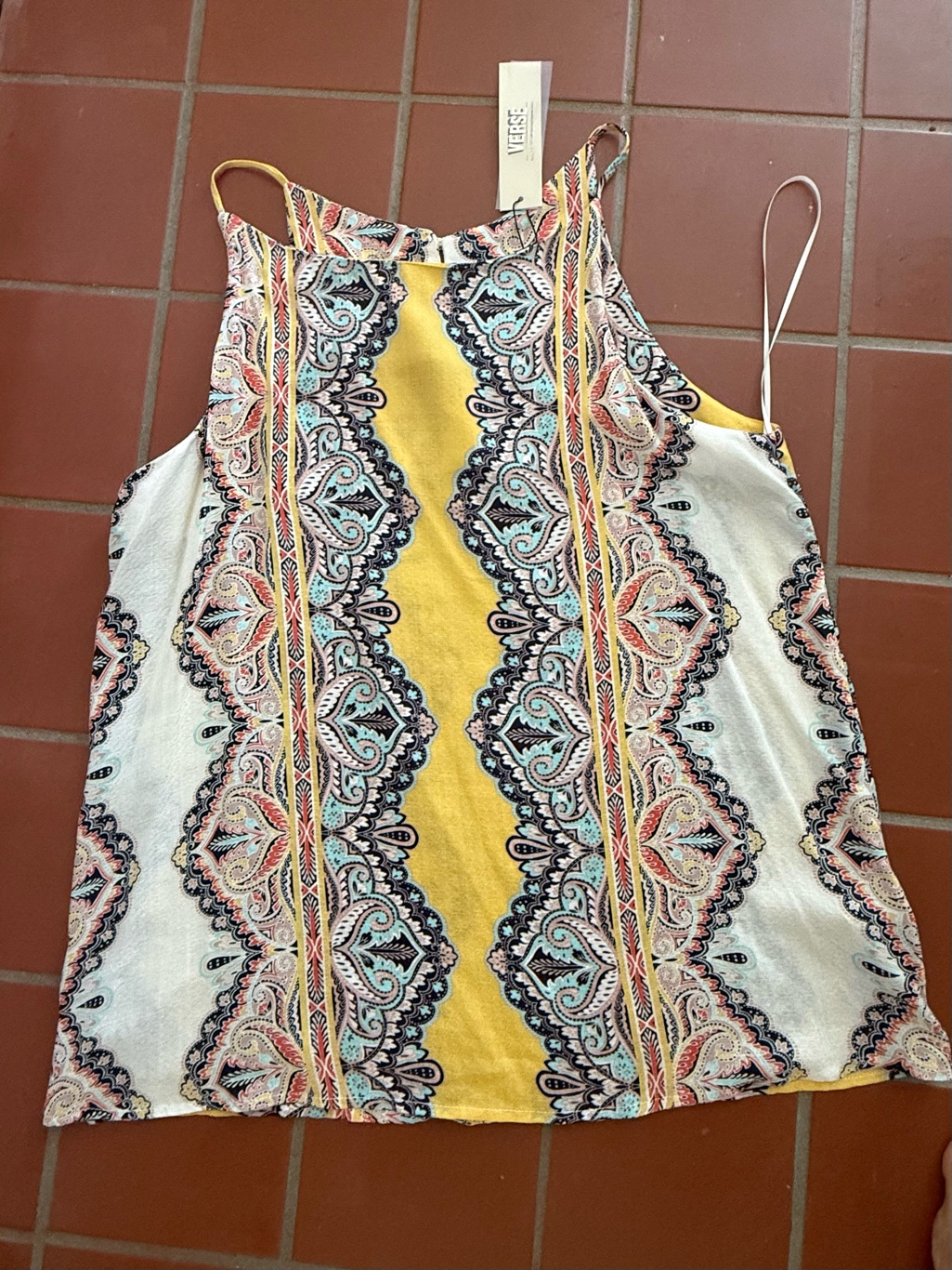 Verse Boho Paisley Print Halter Tank Top - Yellow & Cream Nwt Size L — image 2 of 5